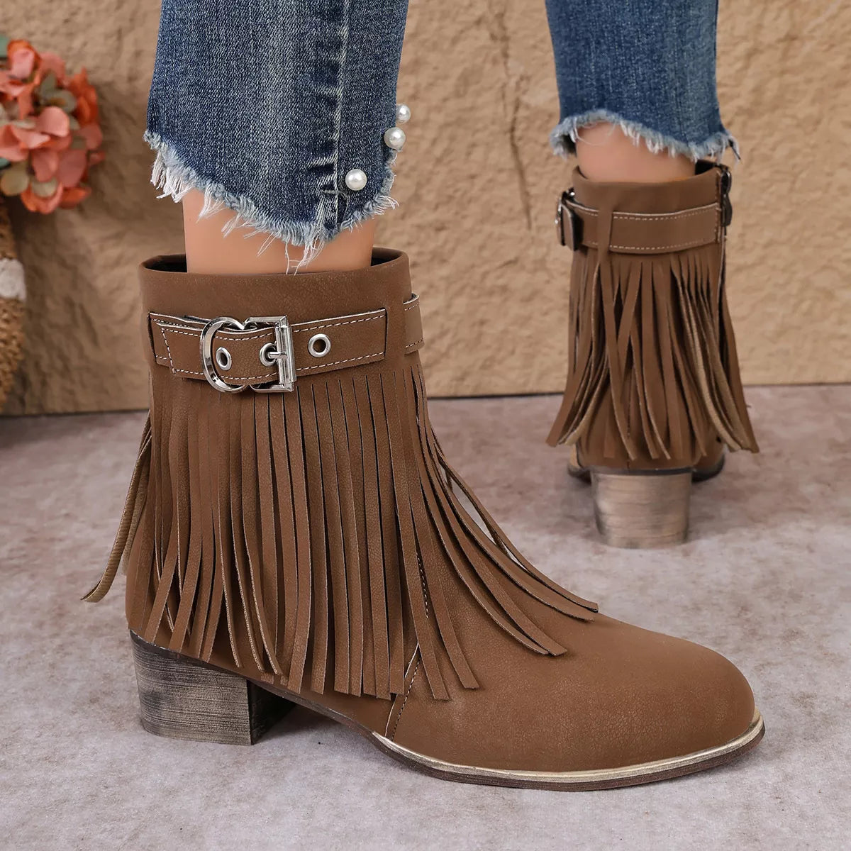 Fringe Ankle Boots with Buckle Detail - Dark Brown - View 3