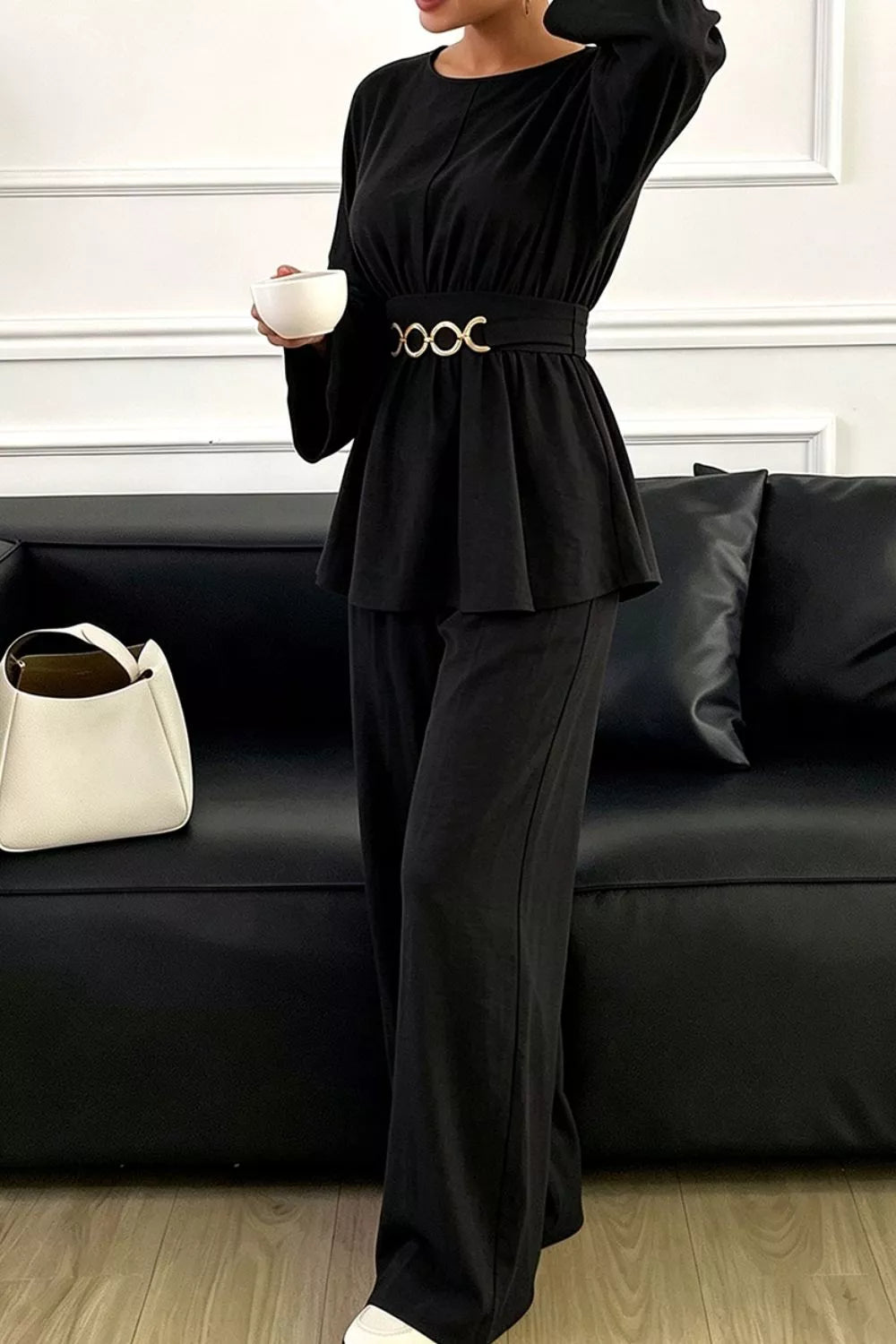 Metal Chain Waist Detail Top and Pants Set - Black - View 5