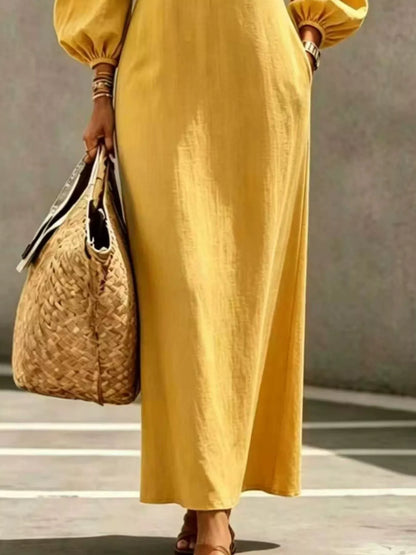 Decorative Button Balloon Sleeve Maxi Dress - Mustard - View 3