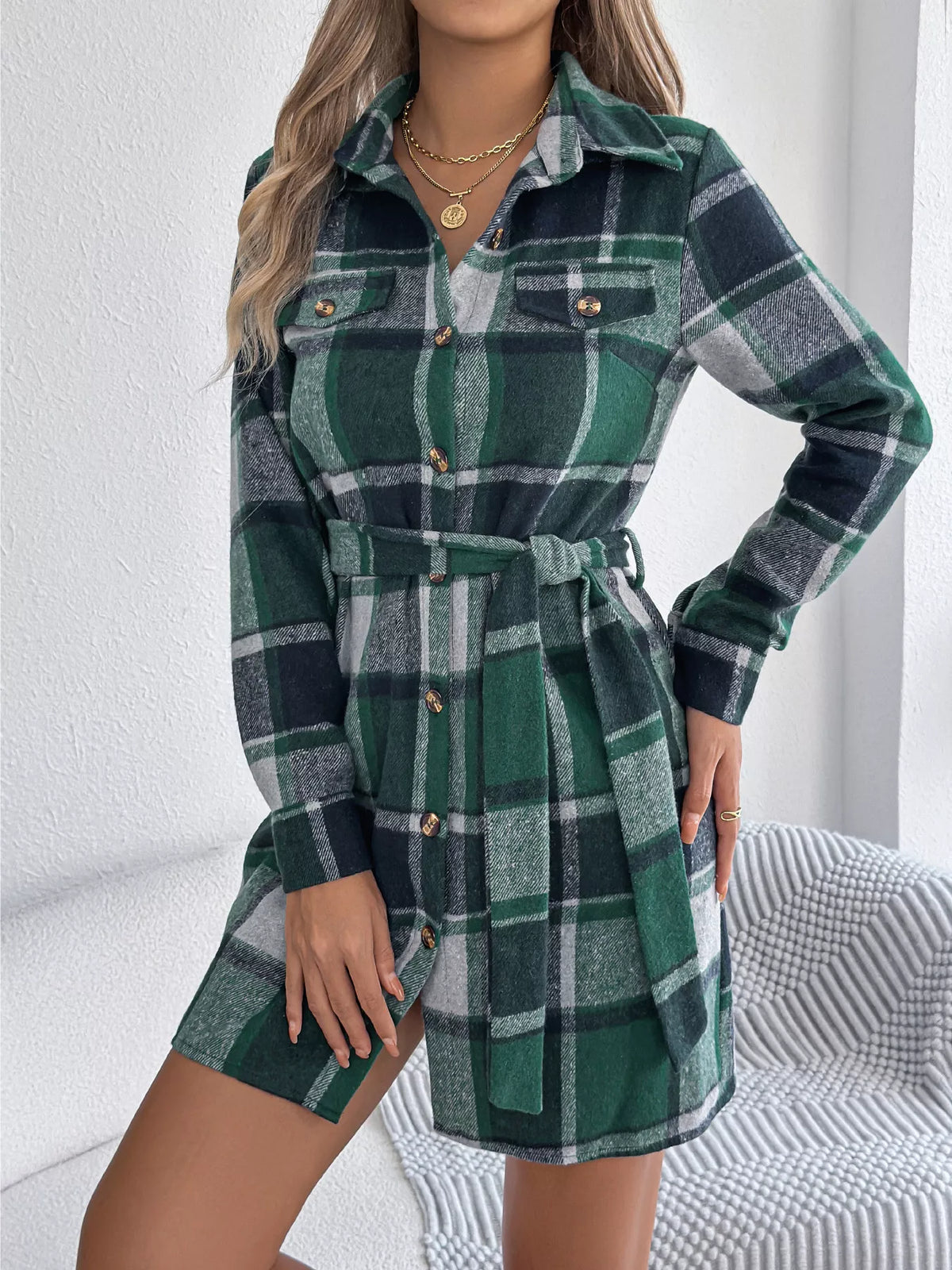 Plaid Button Front Tie Waist Shirt Dress - Green - View 1