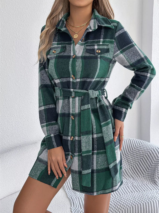Plaid Button Front Tie Waist Shirt Dress - Green - View 1