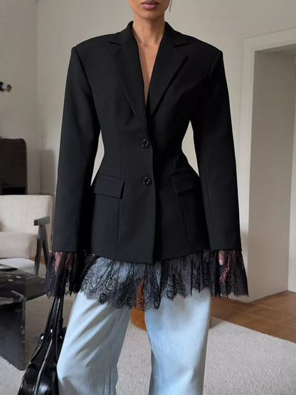 Lace Hem Lapel Collar Blazer - Black - View 5
