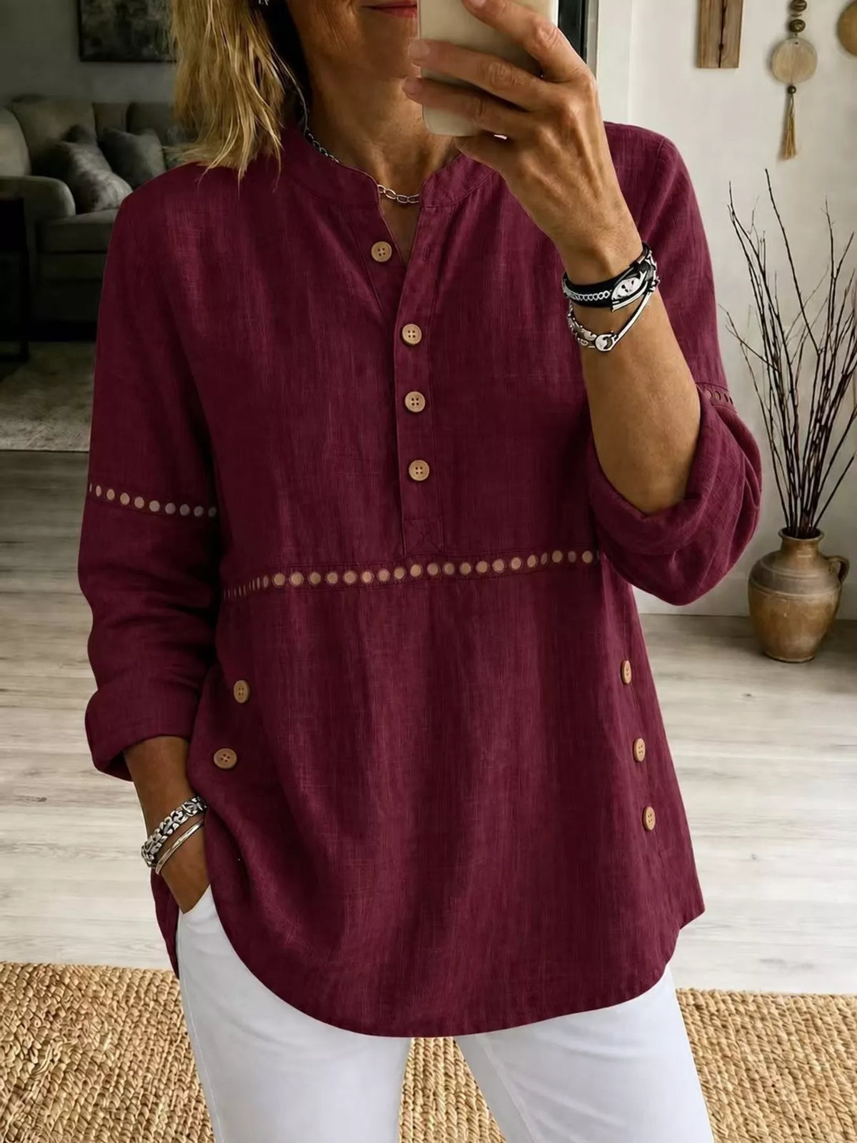 Full Size Button Detail Eyelet Long Sleeve Blouse Plus Size - Burgundy - View 1