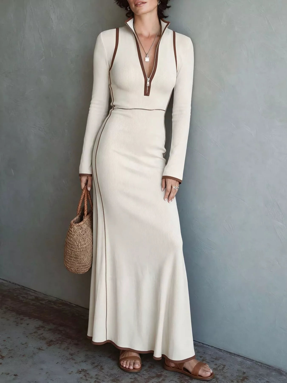 Full Size Contrast Trim Zip-Up Long Sleeve Knit Maxi Dress Plus Size - Cream - View 1