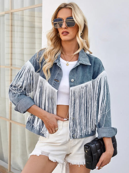 Tassel Button Up Dropped Shoulder Denim Jacket - product photo 1