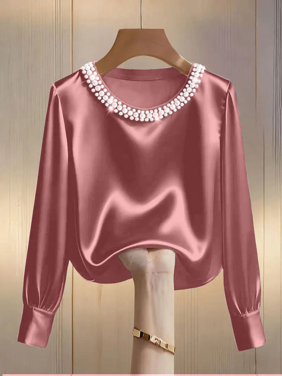 Pearl Trim Round Neck Satin Blouse - Pink - View 11