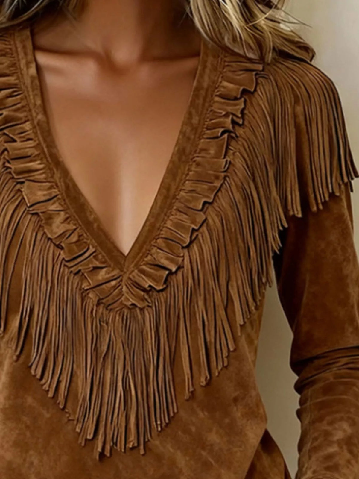 Fringed V-Neck Blouse - Brown - View 2
