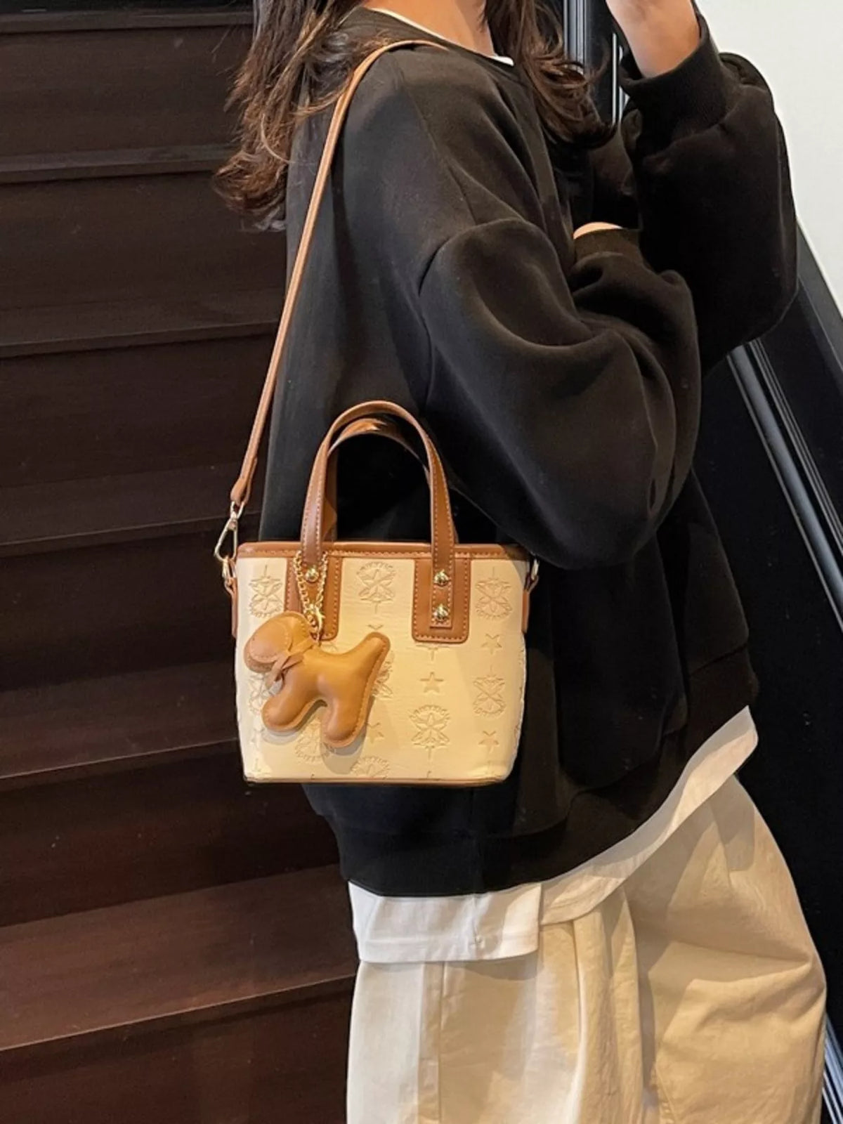 Embossed Pattern Dog Charm Crossbody Bag - Beige - View 7