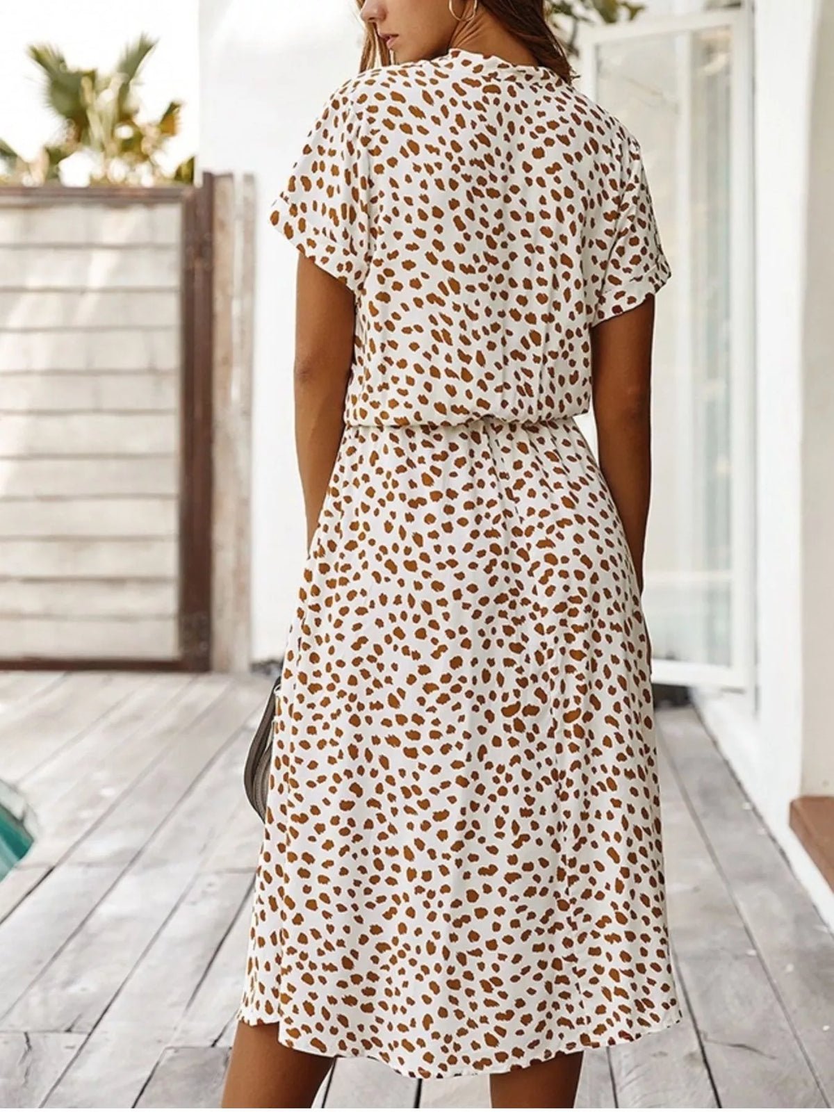 Animal Print Drawstring Waist Midi Dress - Beige - View 3
