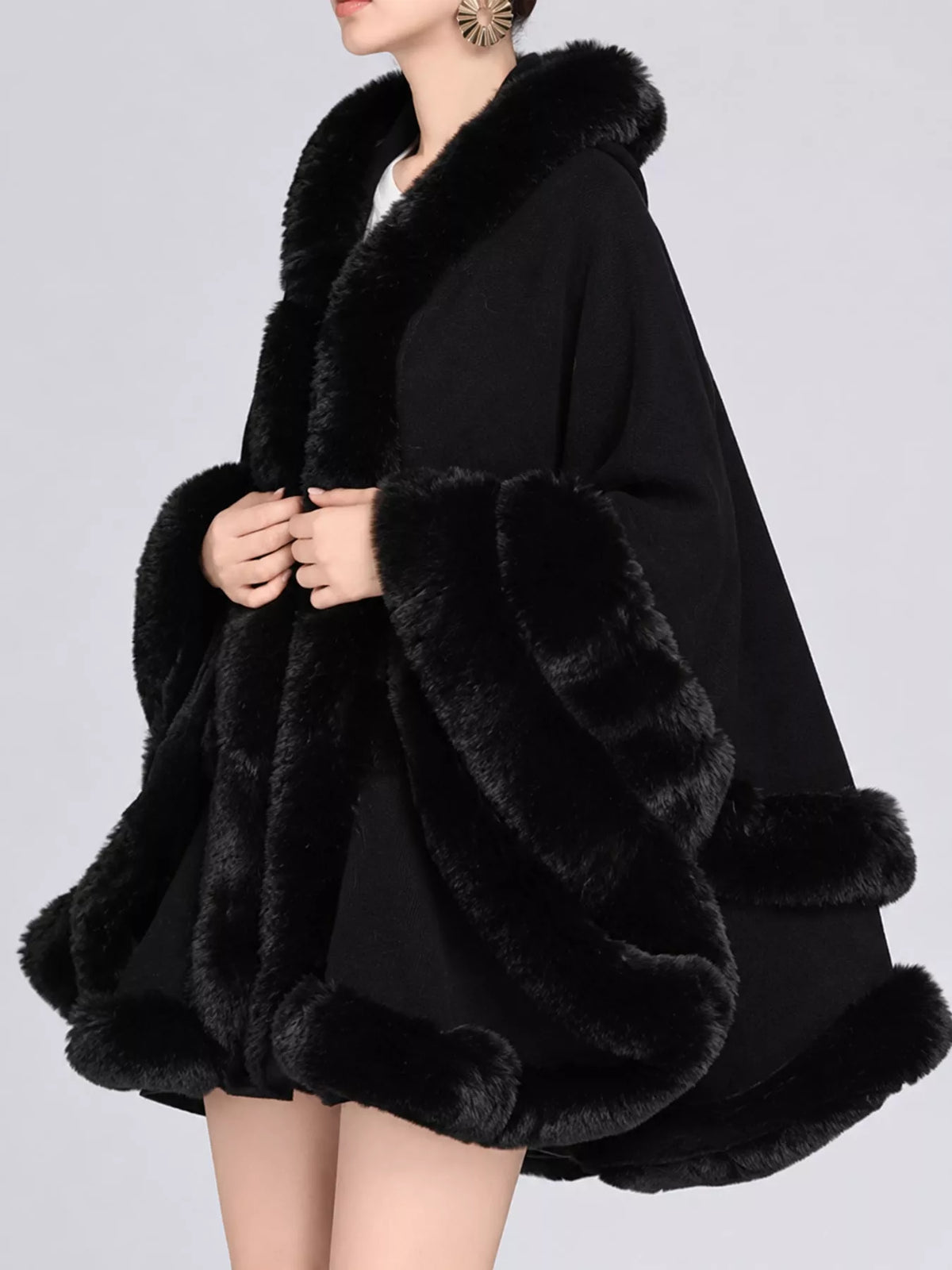 Faux Fur Trimmed Hooded Cape - Black - View 15