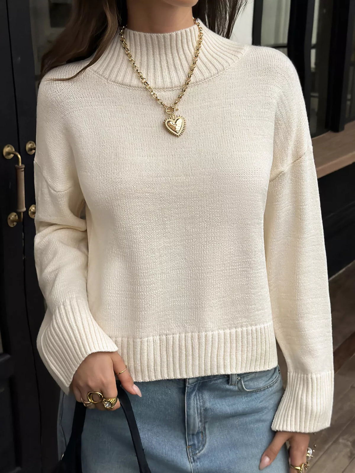 Mock Neck Dropped Shoulder Sweater - Beige - View 2