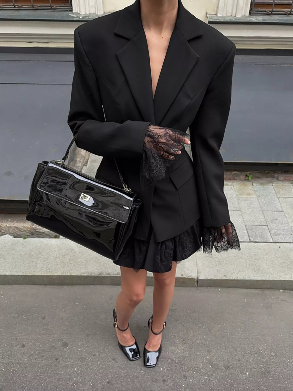 Lace Hem Lapel Collar Blazer - Black - View 4