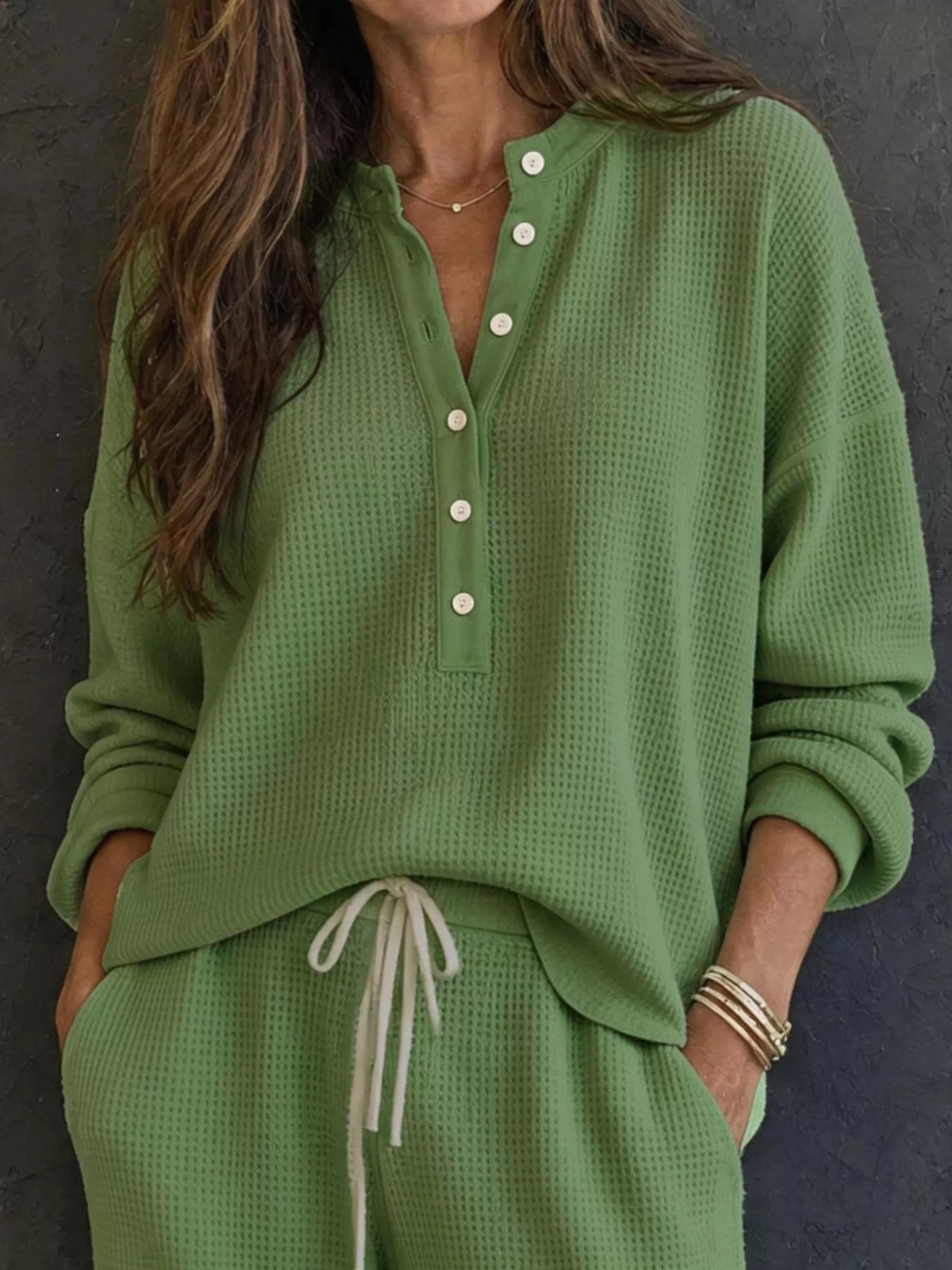 Waffle Knit Henley Top and Wide Leg Pants Set - Matcha Green - View 14