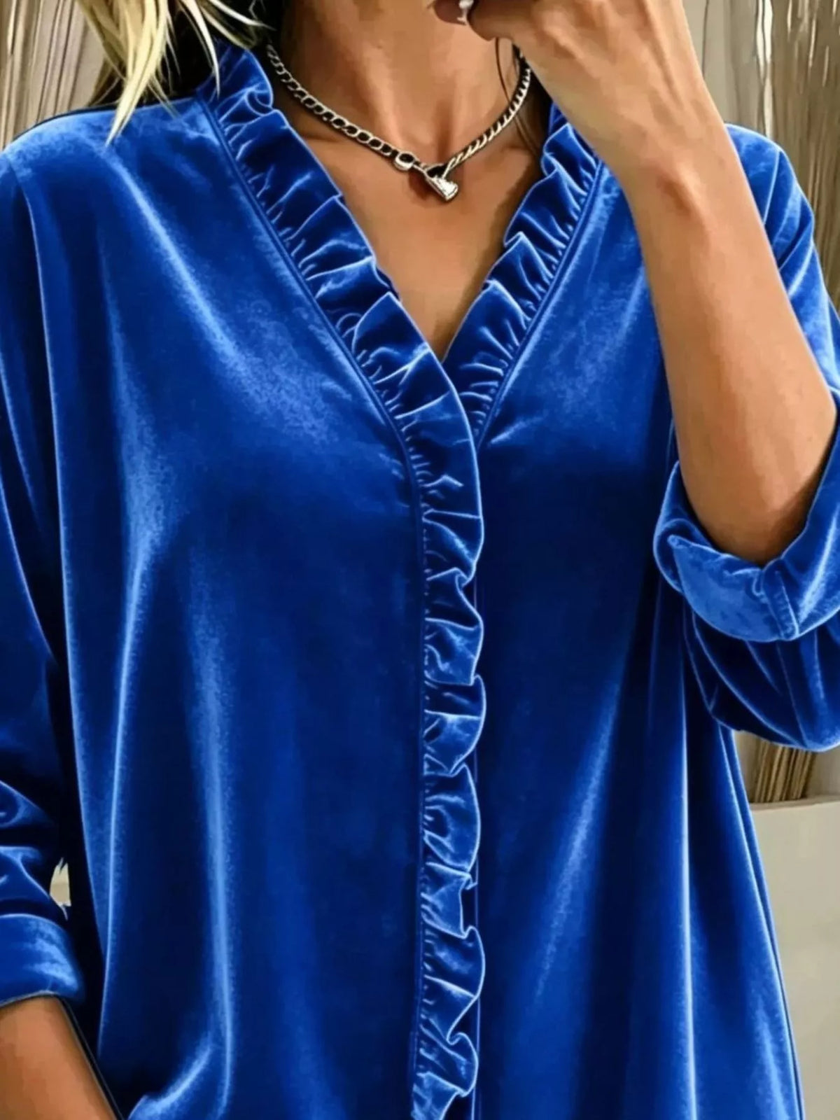 Velvet Frill V-Neck Blouse - Blue - View 2