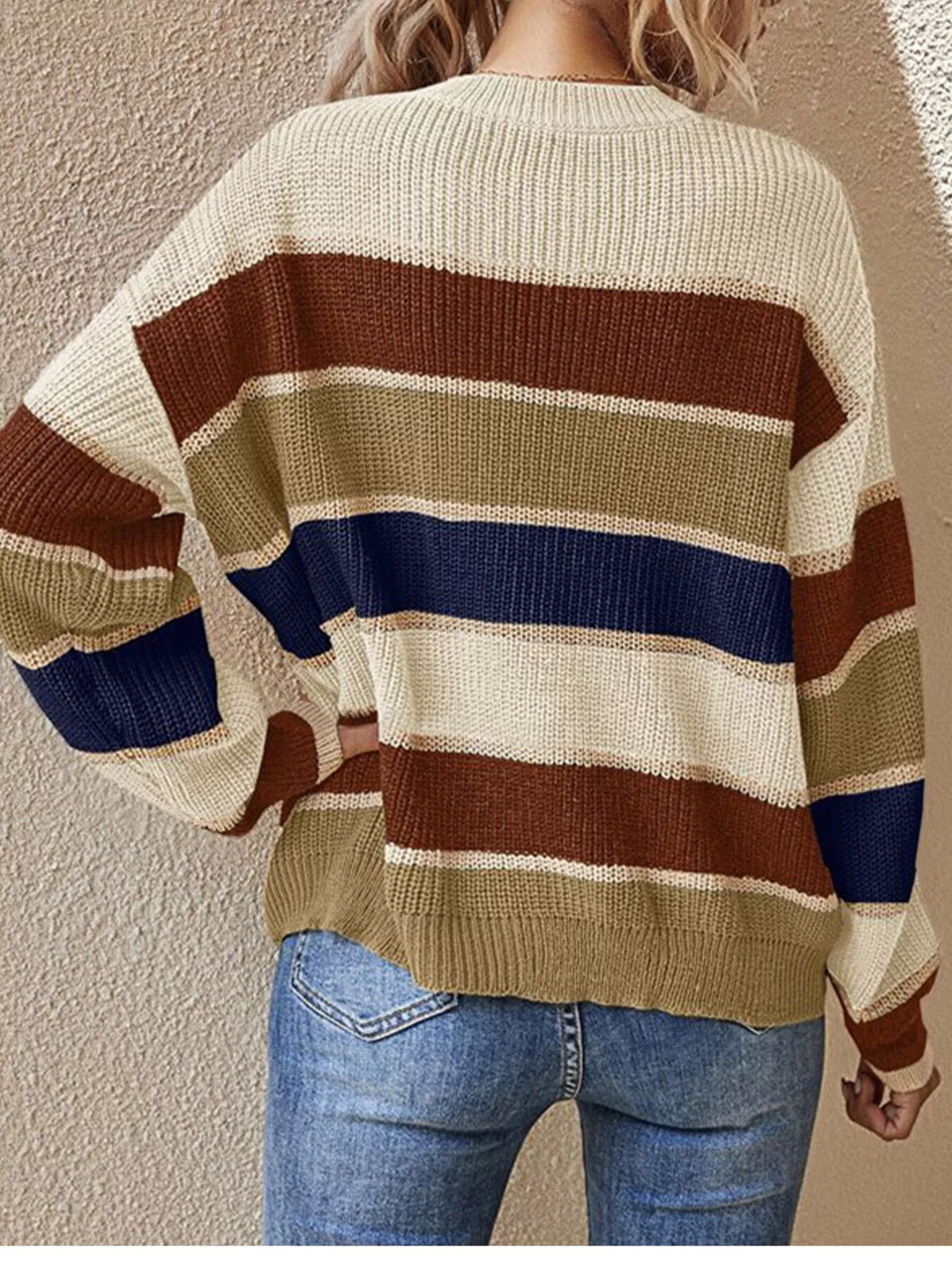 Color Block Striped Crew Neck Sweater - Apricot - View 3