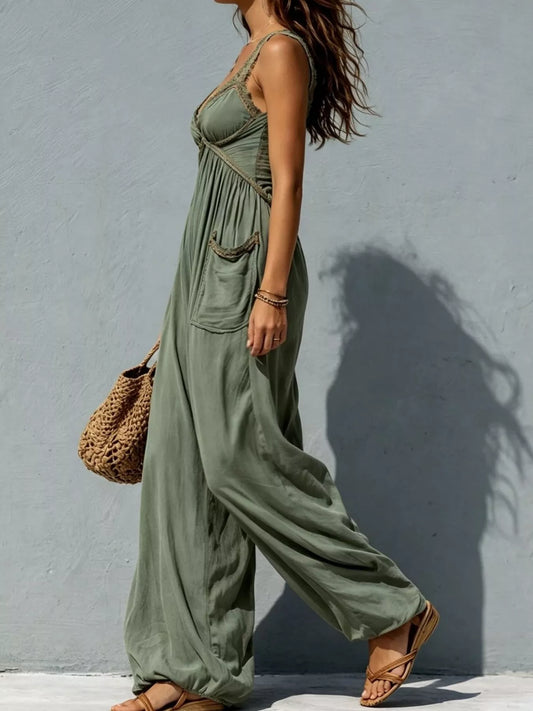 Lace Detail Wide-Leg Jumpsuit - Moss - View 2