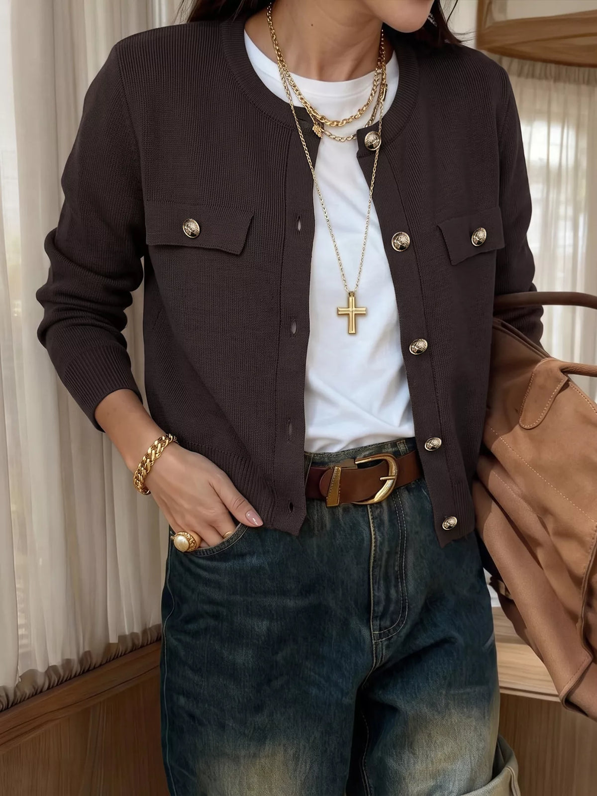 Button Down Long Sleeve Cardigan - Coffee Brown - View 1