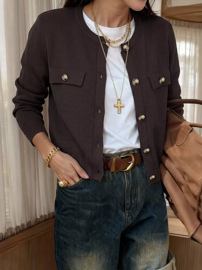 Button Down Long Sleeve Cardigan - Coffee Brown - View 1