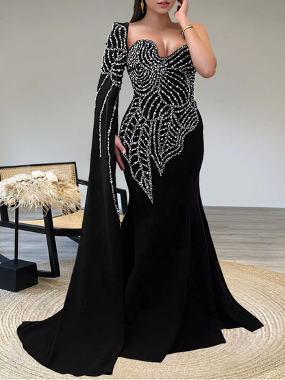 Rhinestone Pearl Detail One-Shoulder Mermaid Maxi Dress - Black - View 1