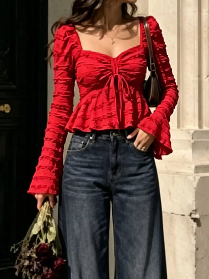 Textured Sweetheart Neck Flare Sleeve Top - Red - View 3