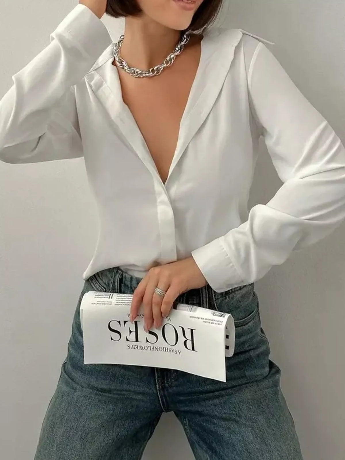 Button Up Long-Sleeve Shirt - White - View 18