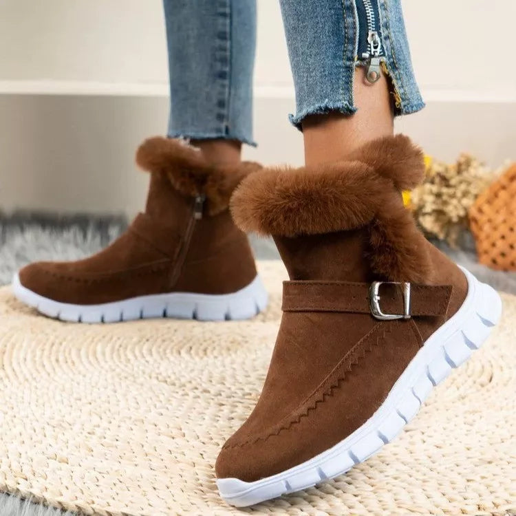 Fuzzy Trim Buckle Boots - Dark Brown - View 2