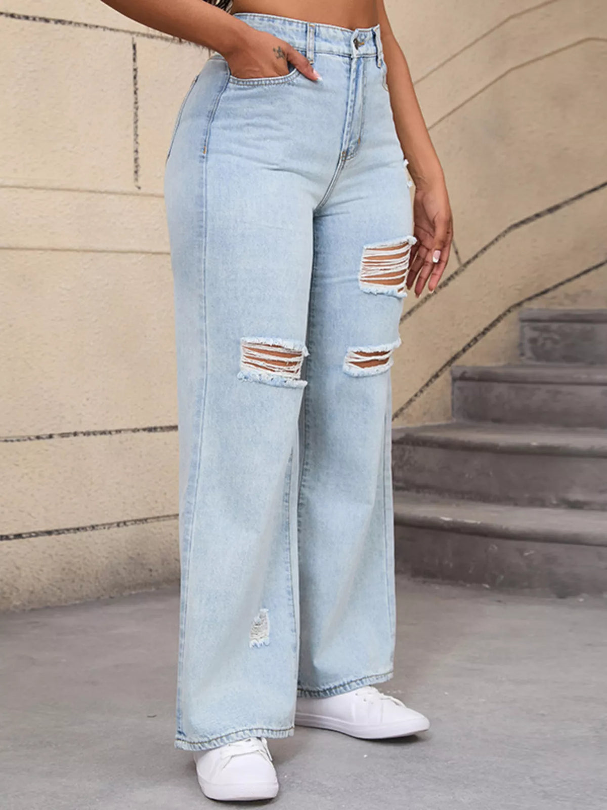 Distressed Wide-Leg Jeans - White Blue - View 6