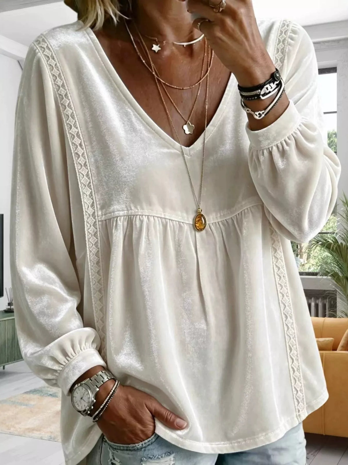 Full Size Velvet Lace Detail V-Neck Blouse Plus Size - White - View 3