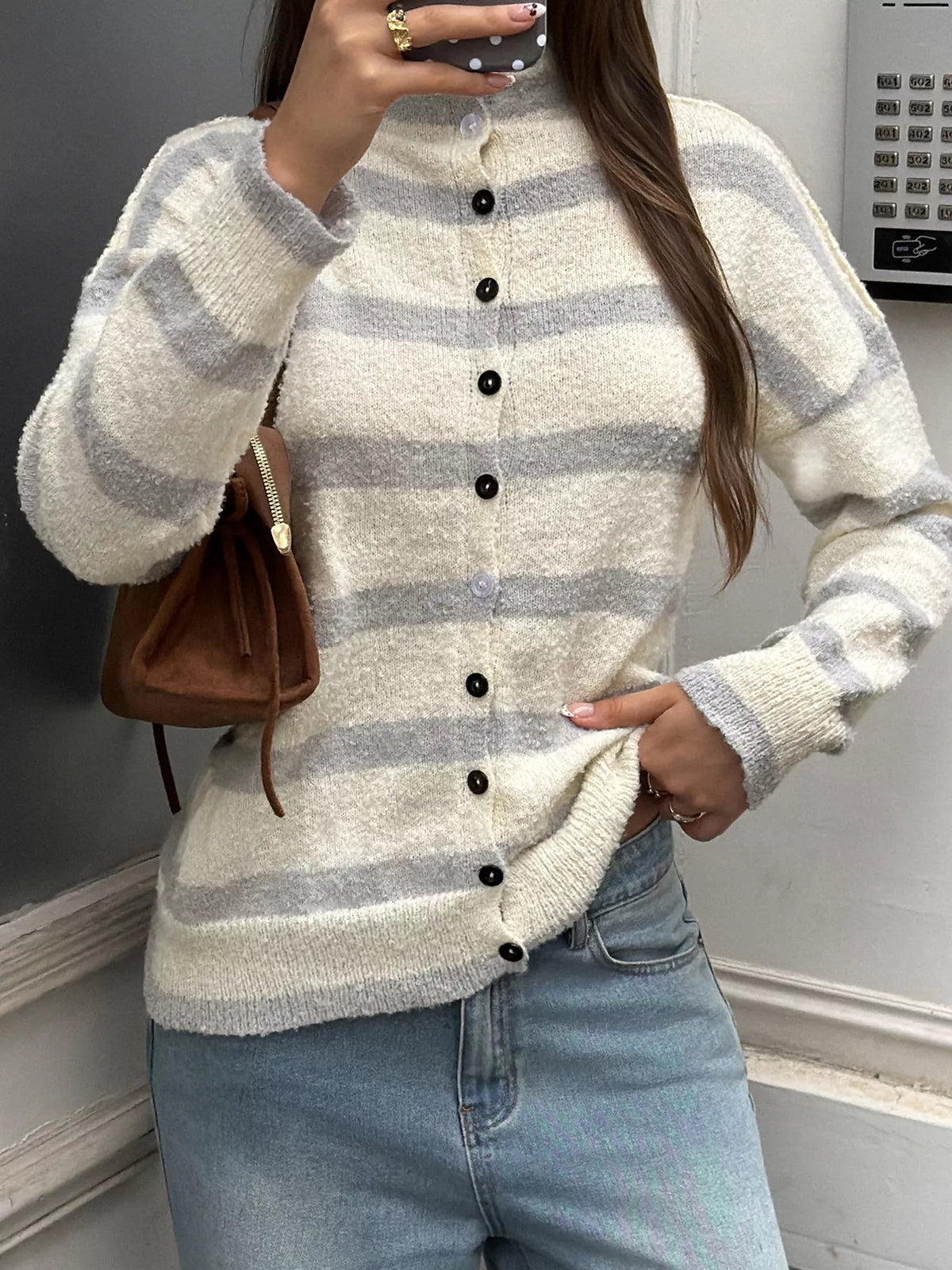 Striped Mock Neck Button-Down Textured Cardigan - Gray And Apricot Stripes - View 2