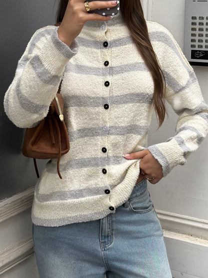 Striped Mock Neck Button-Down Textured Cardigan - Gray And Apricot Stripes - View 2