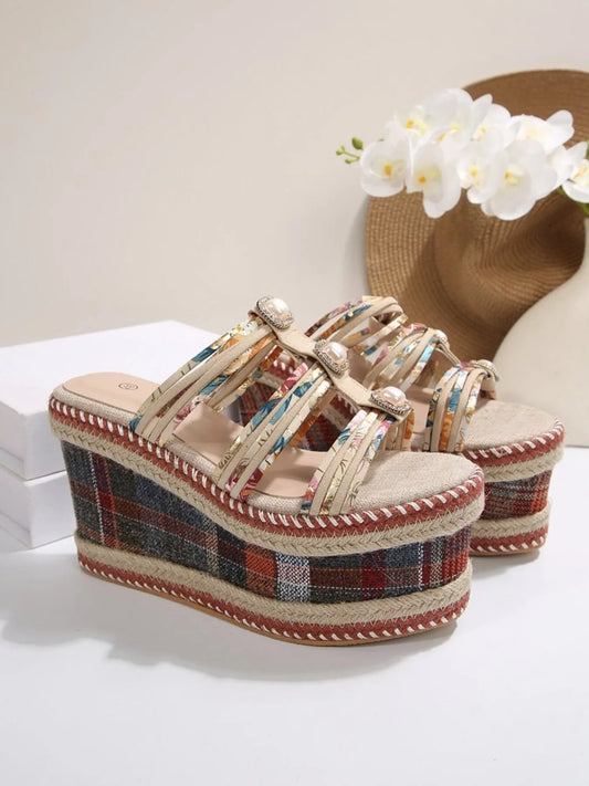 Plaid Platform Wedge Sandals - product photo 1