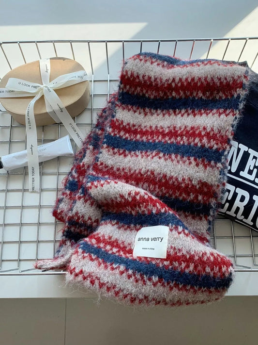 Striped Knitted Warm Scarf - Deep Red - View 2