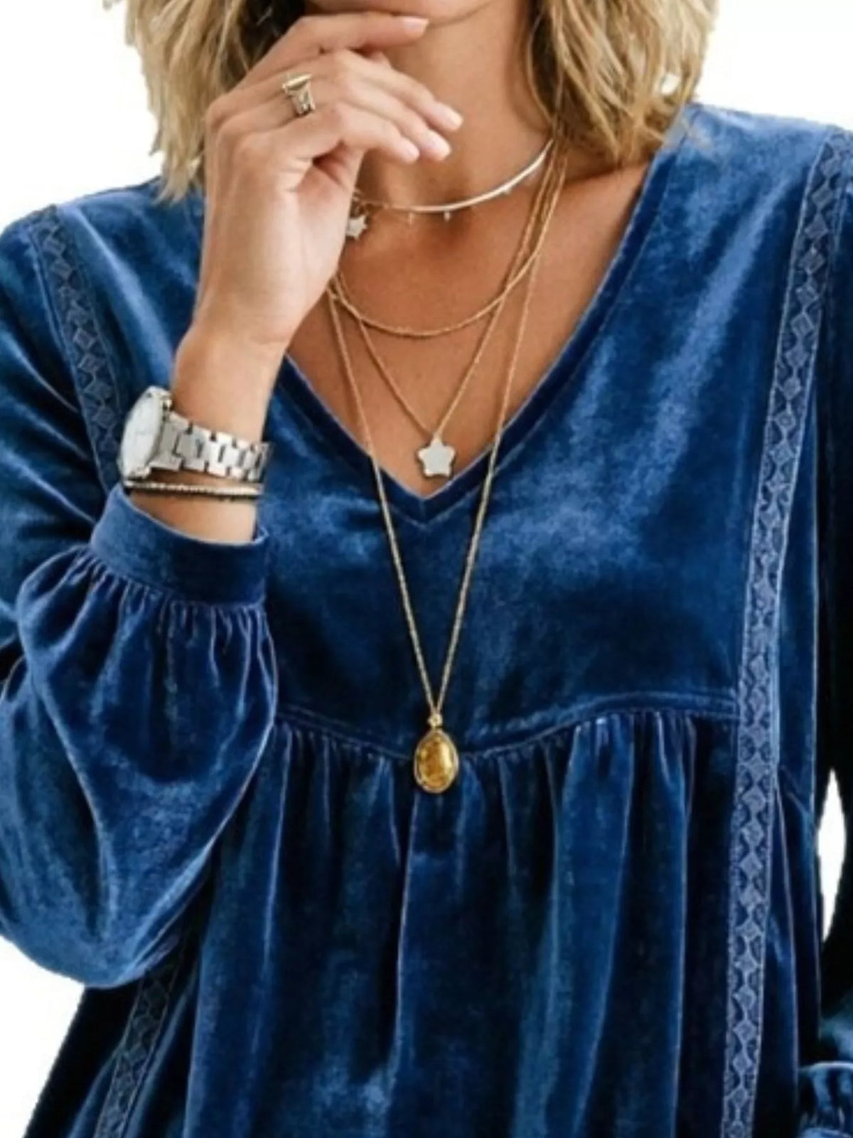Full Size V-Neck Long Sleeve Velvet Blouse with Lace Trim Plus Size - Navy - View 2