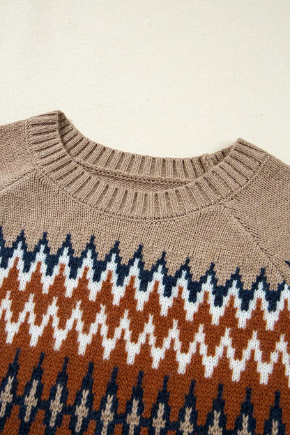 Geometric Pattern Long Sleeve Sweater - Taupe - View 10