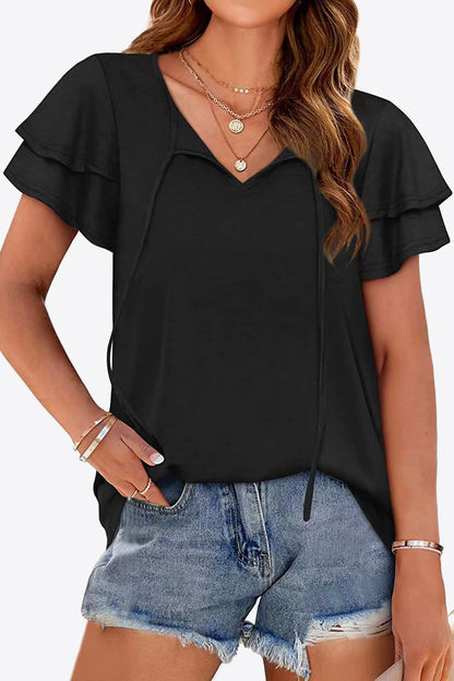 Tie-Neck Layered Flutter Sleeve Blouse - Black - View 4