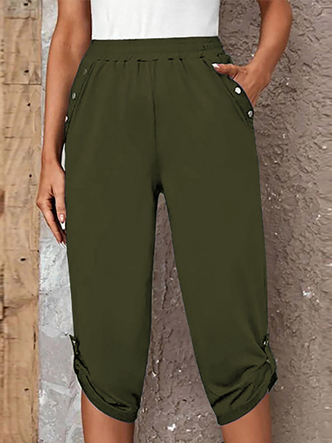 Full Size Roll-Tab Capris Pants - Matcha Green - View 7