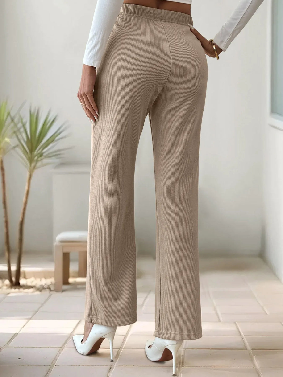 High-Waisted Slit Pants - Khaki - View 4