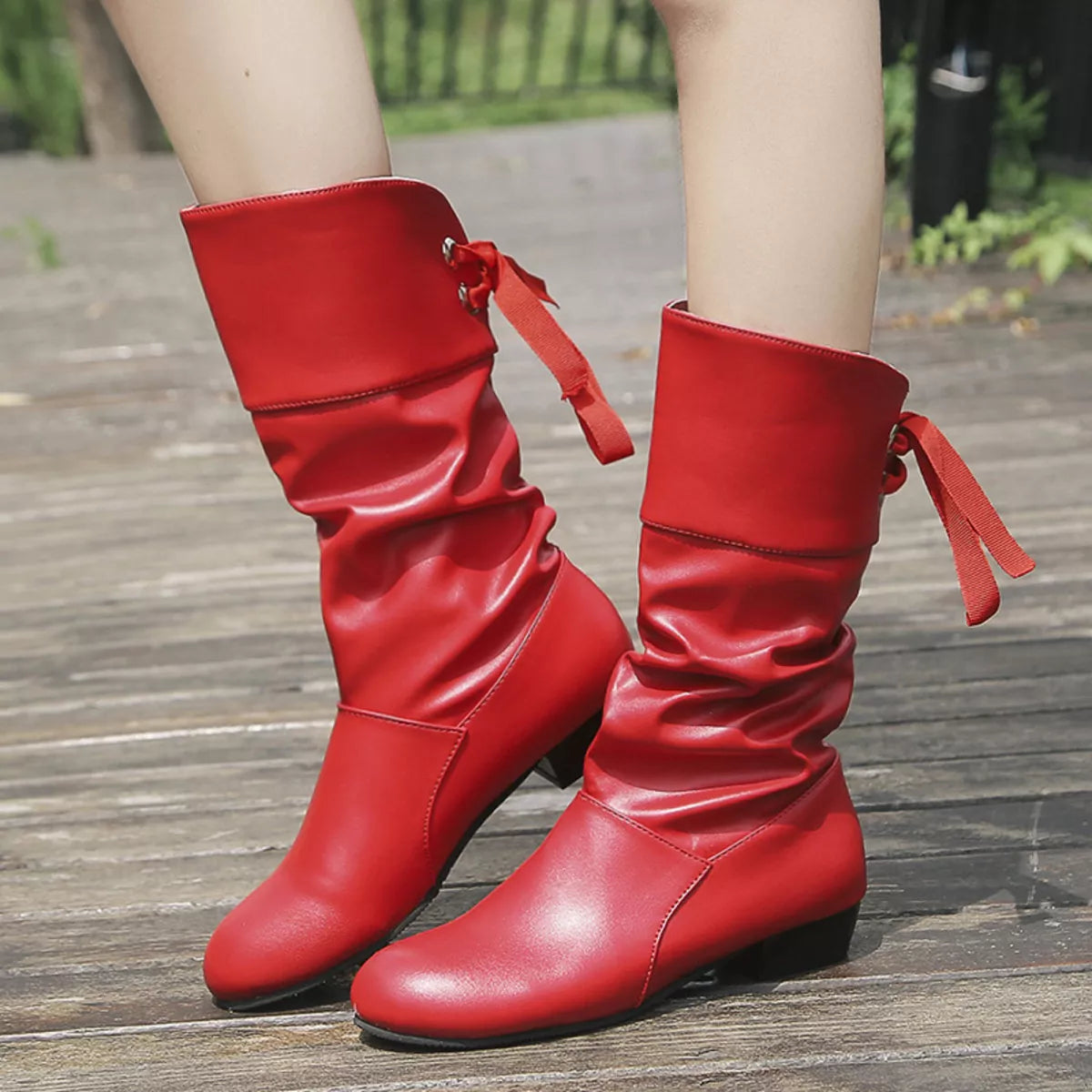 Round Toe Block Heels Boots - Red - View 6