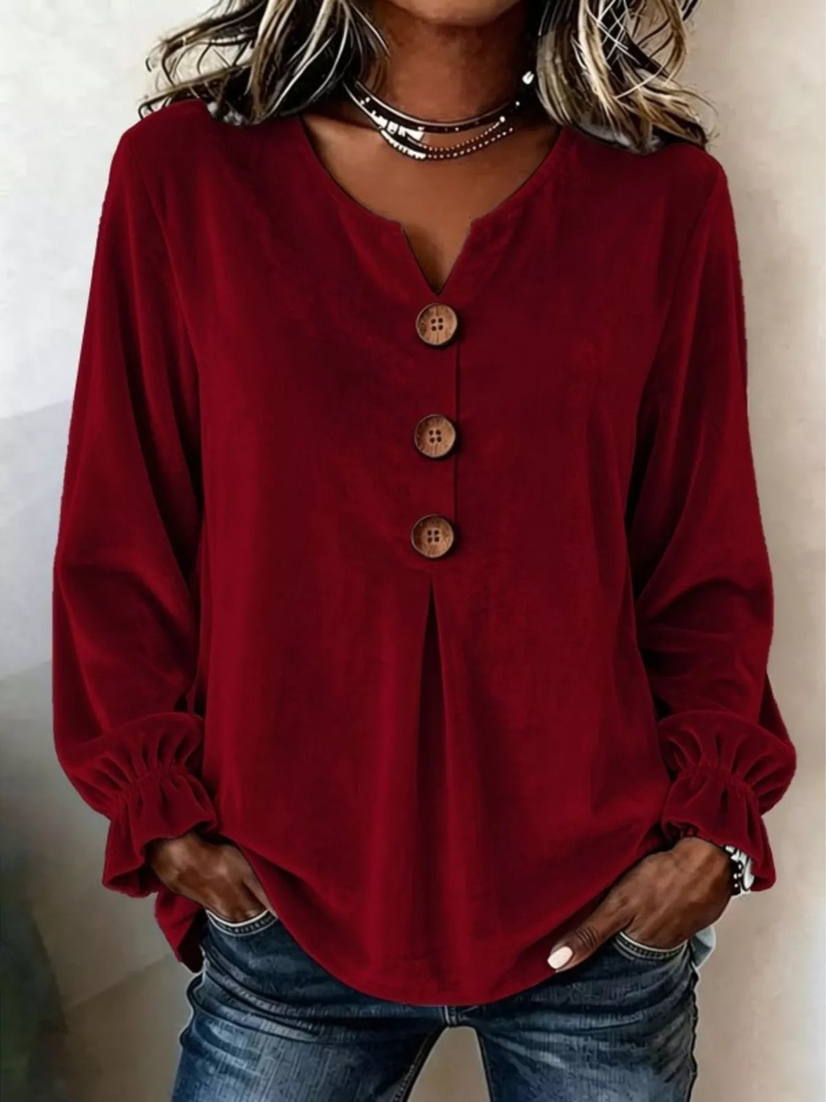 Velvet Flounce Sleeve Blouse - Wine Red - View 1
