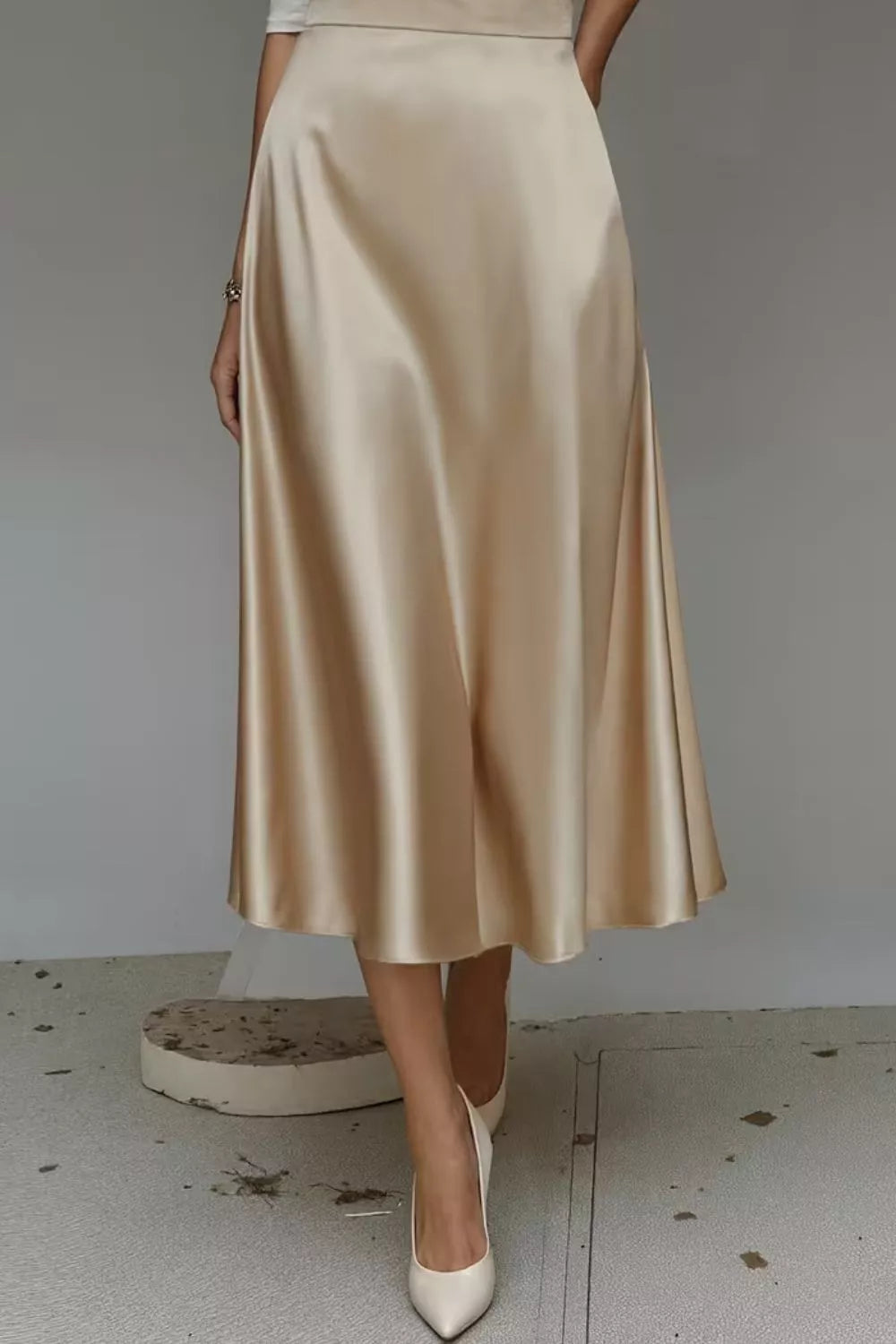 Satin A-Line Midi Skirt - Khaki - View 12