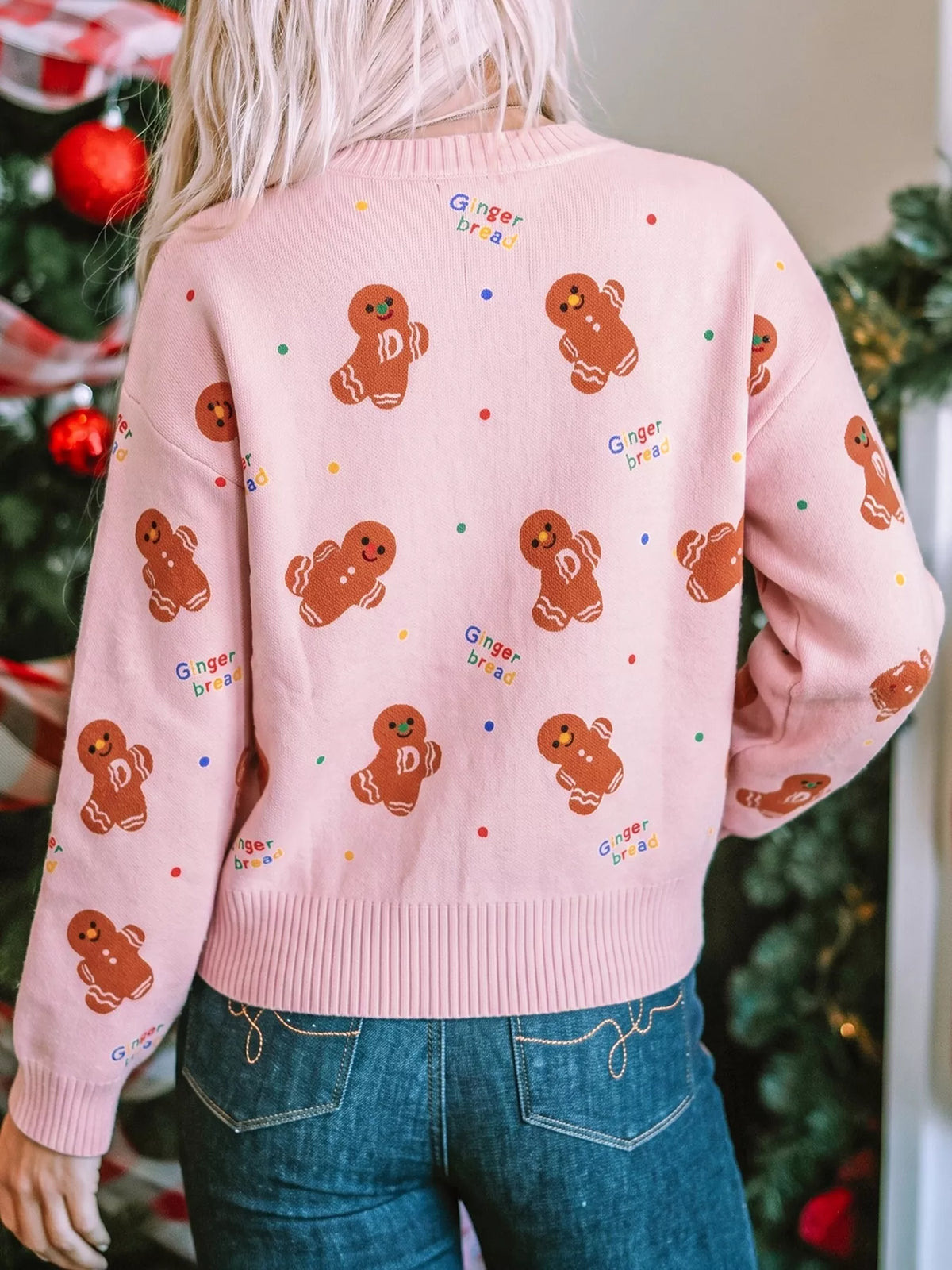 Gingerbread Pattern Long Sleeve Round Neck Sweater - Blush Pink - View 2