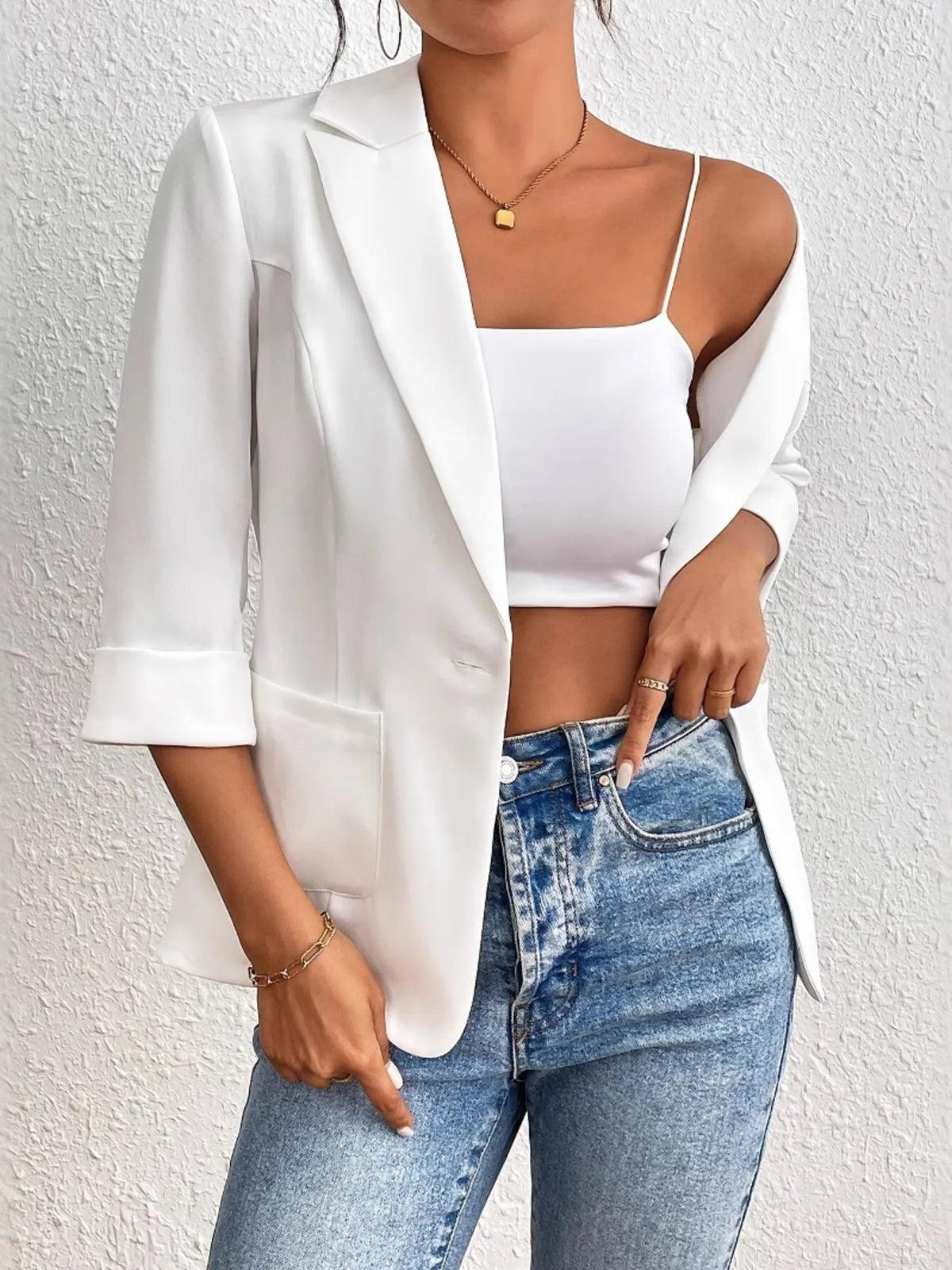 Classic Lapel Collar One Button Blazer - White - View 1