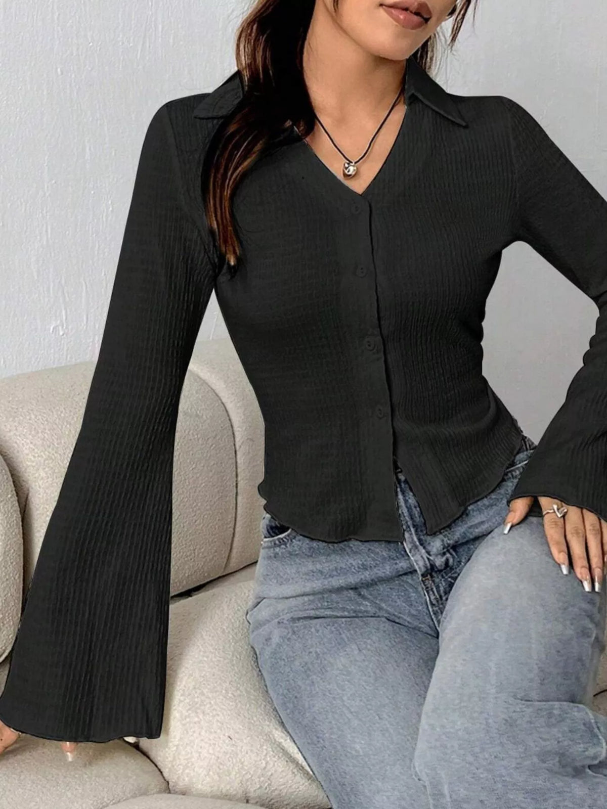 Button Up Flare Sleeve Shirt - Black - View 17