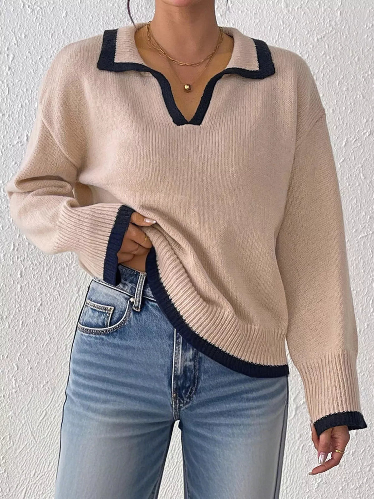 Contrast Trim Polo Collar Sweater - Khaki - View 4