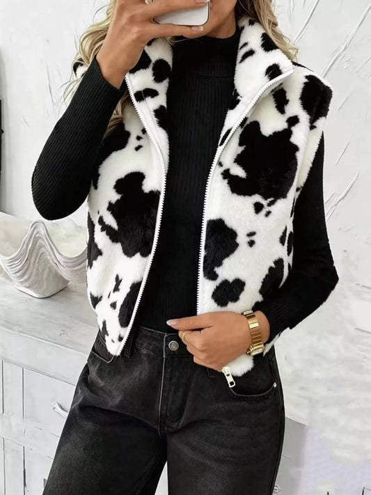 Animal Print Zip Up Vest Coat - White - View 1