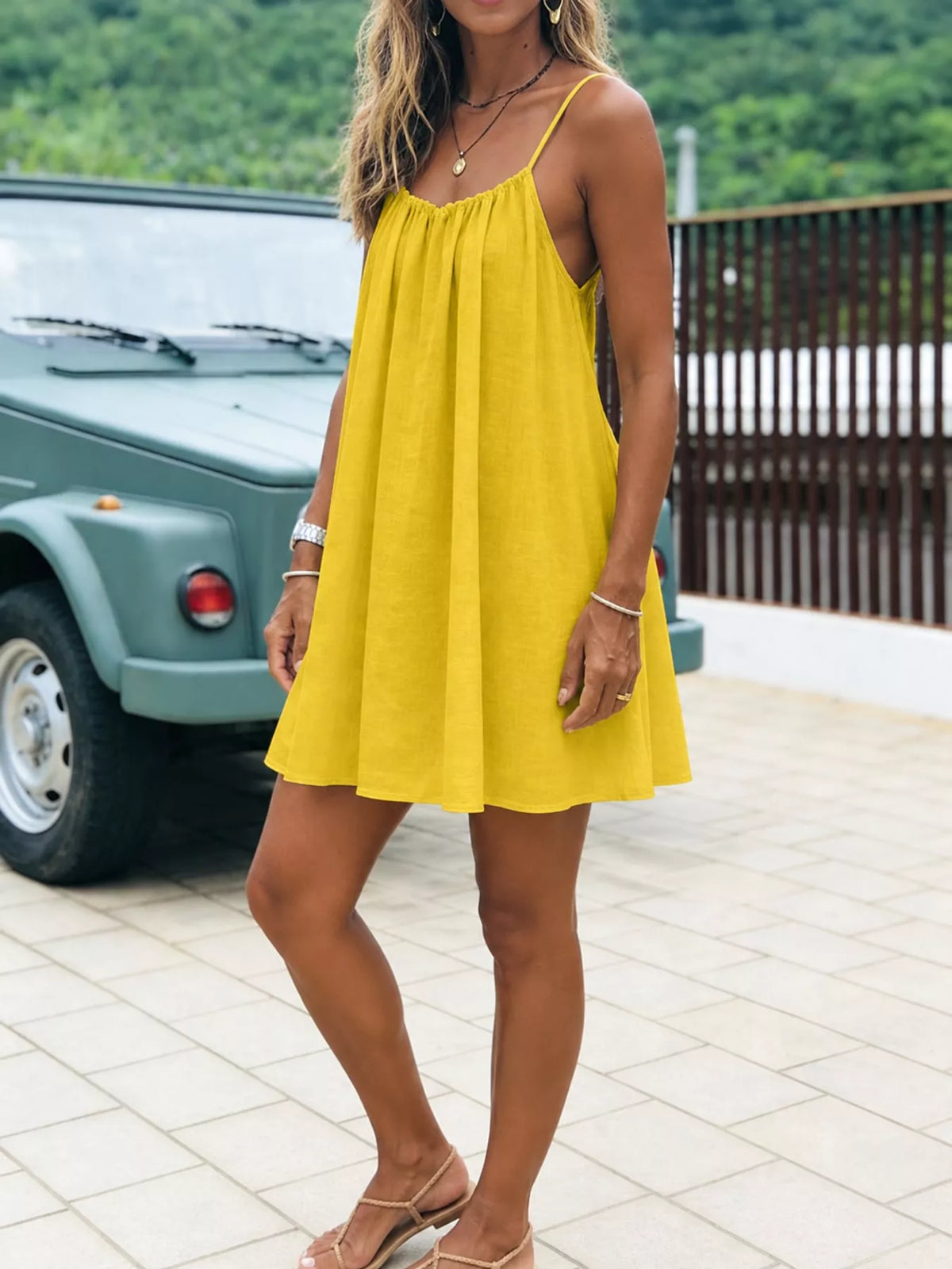 Full Size Backless Spaghetti Strap A-Line Mini Dress Plus Size - Yellow-Style C - View 120