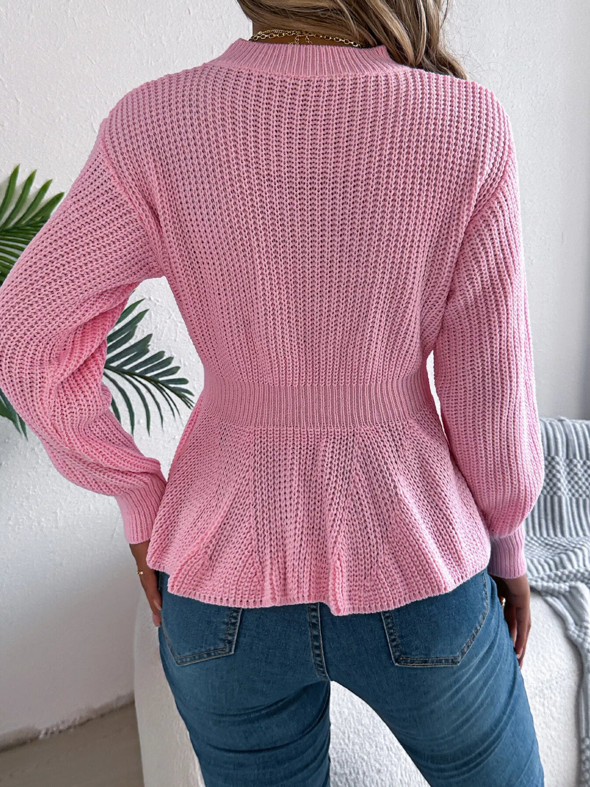 Cable Knit Peplum Sweater - Fuchsia Pink - View 6