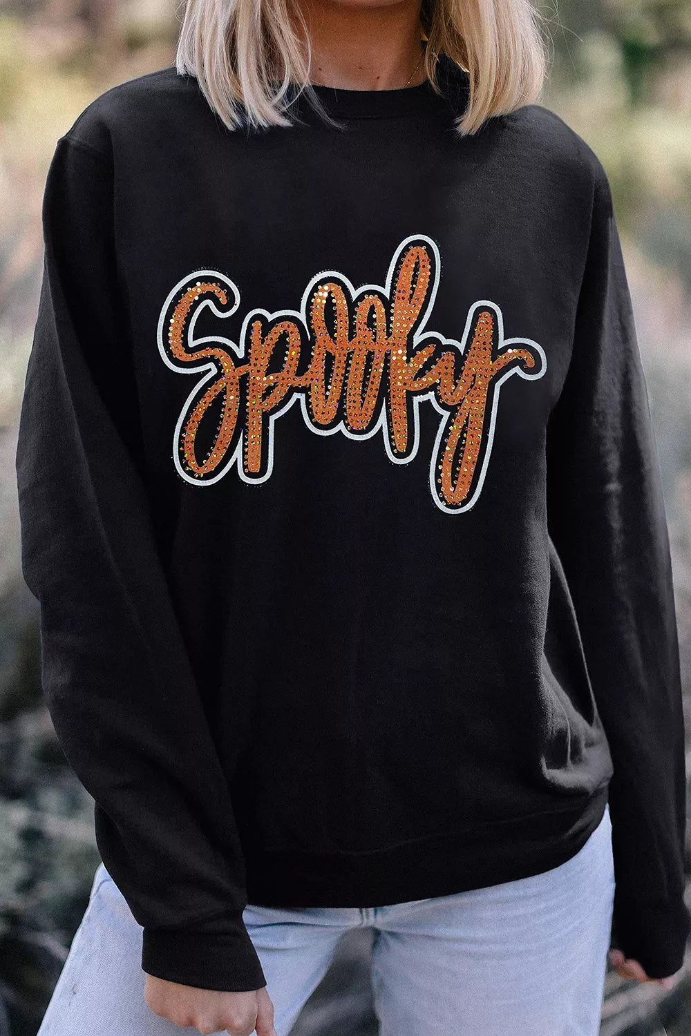 Spooky Rhinestone Drop Shoulder Sweatshirt - Black - View 4