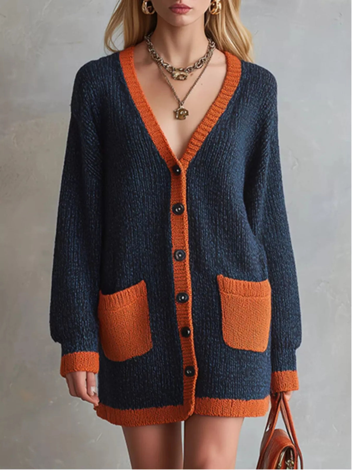Color-Block V-Neck Button-Down Knit Cardigan - Dark Navy - View 1