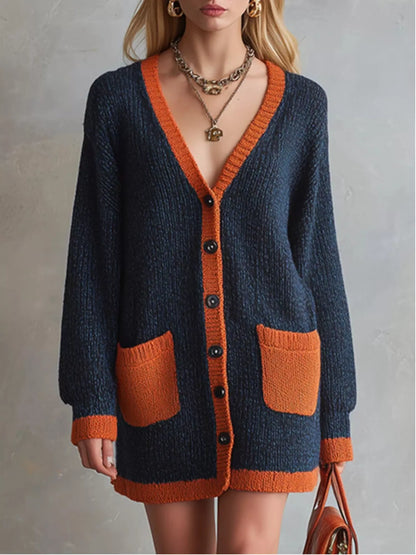 Color-Block V-Neck Button-Down Knit Cardigan - Dark Navy - View 1